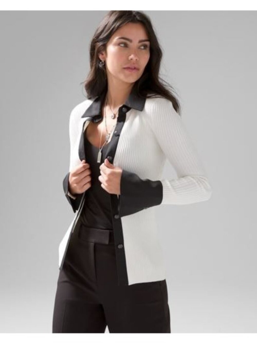 White House Black Market Cardigan Sweater Size Medium Ribbed Cuffs White Black